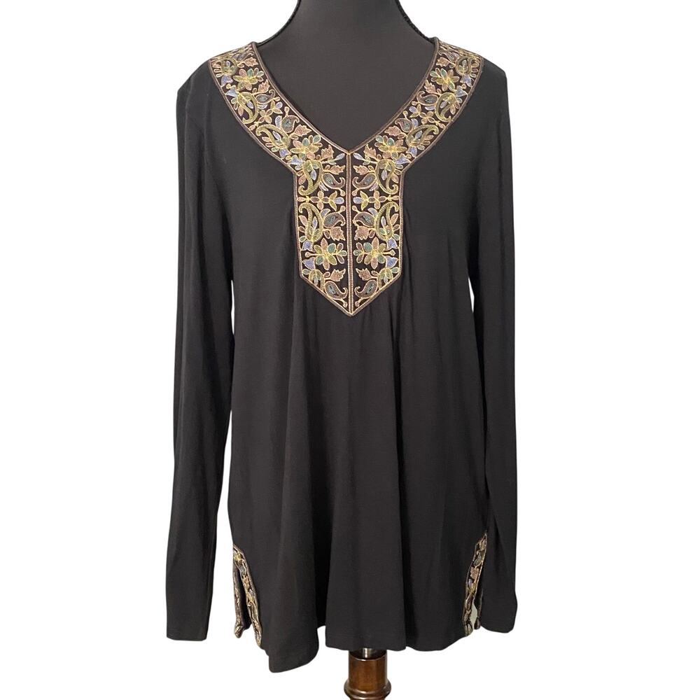 Soft Surroundings Embroidered Tunic Top Small Black Modal Boho V-Neck Artisan